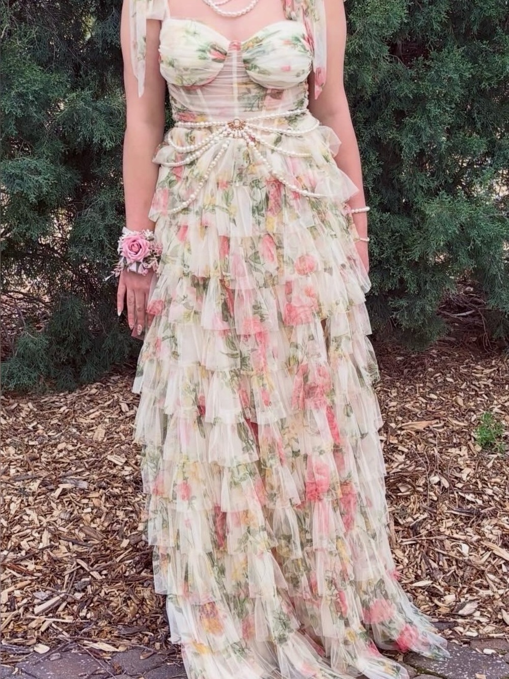 B Darlin Floral Ruffle Maxi Dress in Cream and Pink